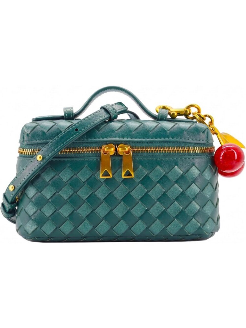 Chic Small Woven Crossbody Bag for Women | Mini Leather Clutch with Cherry Charm
